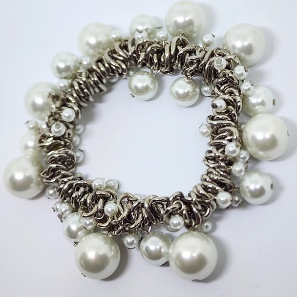 Vintage Woven Silver Chain Pearl Dangle Bead Bridal Dressy Stretch Bracelet - Picture 1 of 9
